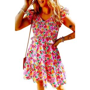 Pink  Multicolor Smocked Bodice Ruffle Trim Floral Dress New Sizes M. L, XL